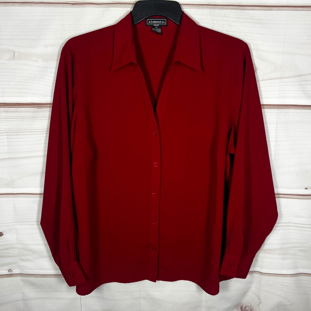 Elementz Top Women 2X Red Solid Button Up Long Sleeve Blouse Collar Office Woven